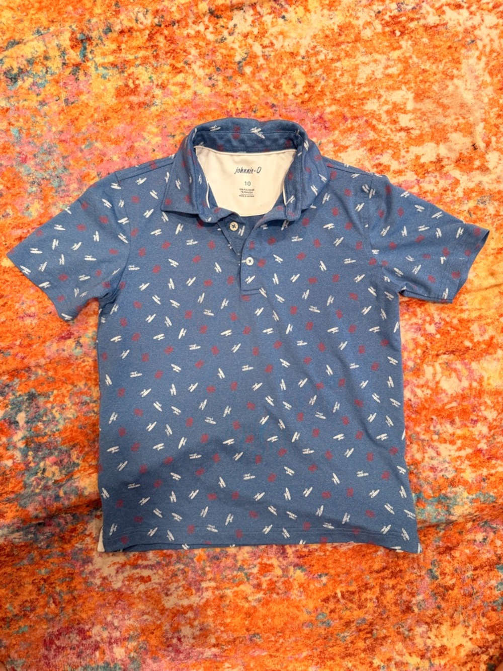 Johnnie-O Boys Polo Shirt Blue Surfboard Print Short Sleeve Size 10
